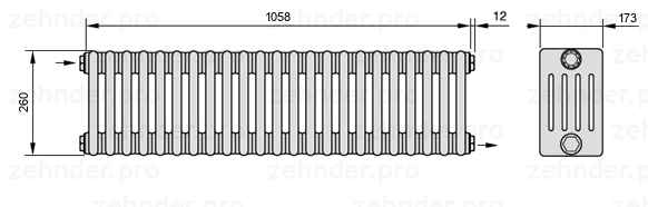 Схема (чертеж) Радиатор Zehnder Charleston 5026/23 №1670 Белый глянцевый RAL 9016